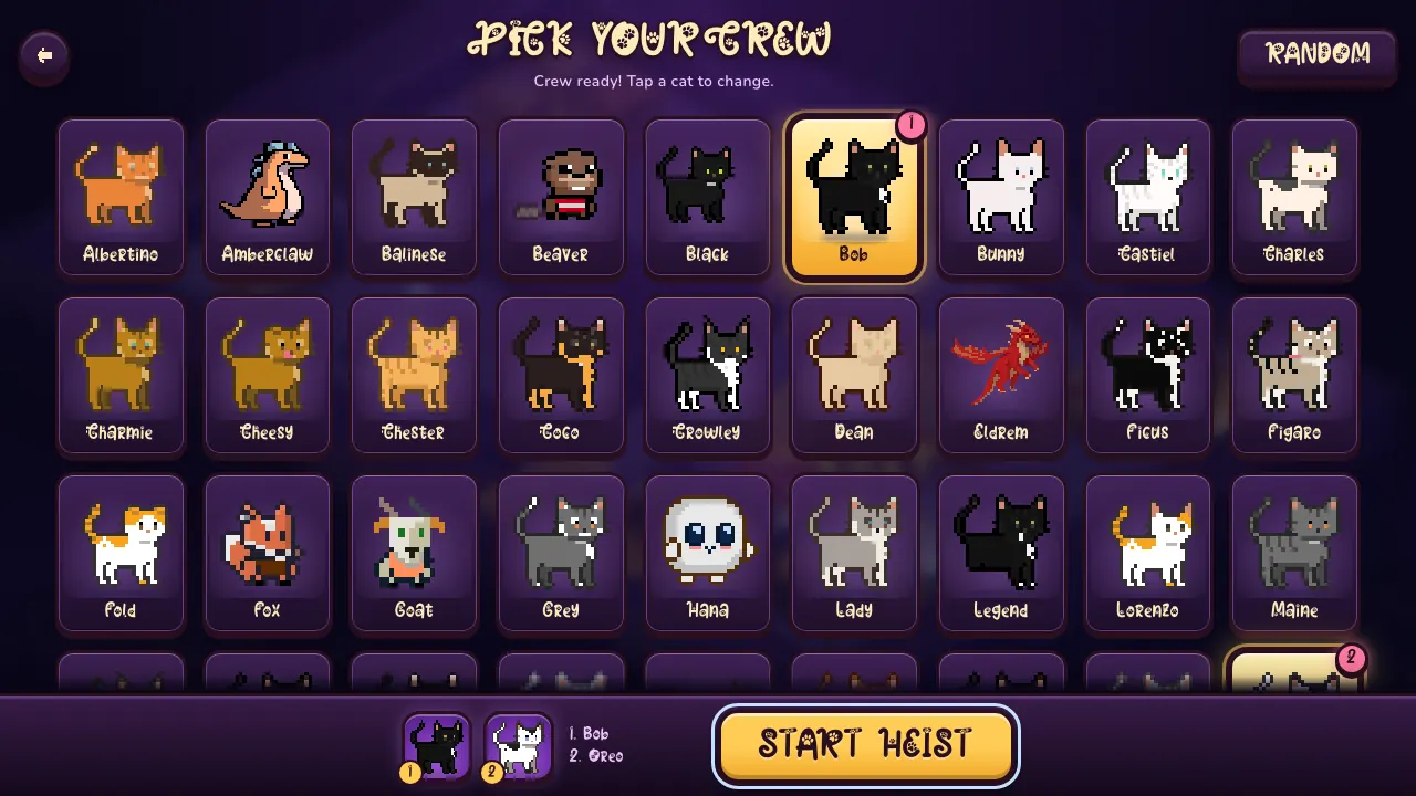Catnip Heist's Pick your crew screen: a grid of pixel cats, with two picked for the heist