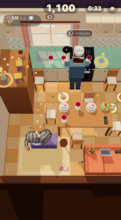 Bad Cat Daily on a phone: a grey tabby cat on a rug in a 3D kitchen, a broken mug on the floor, while the cook faces the stove