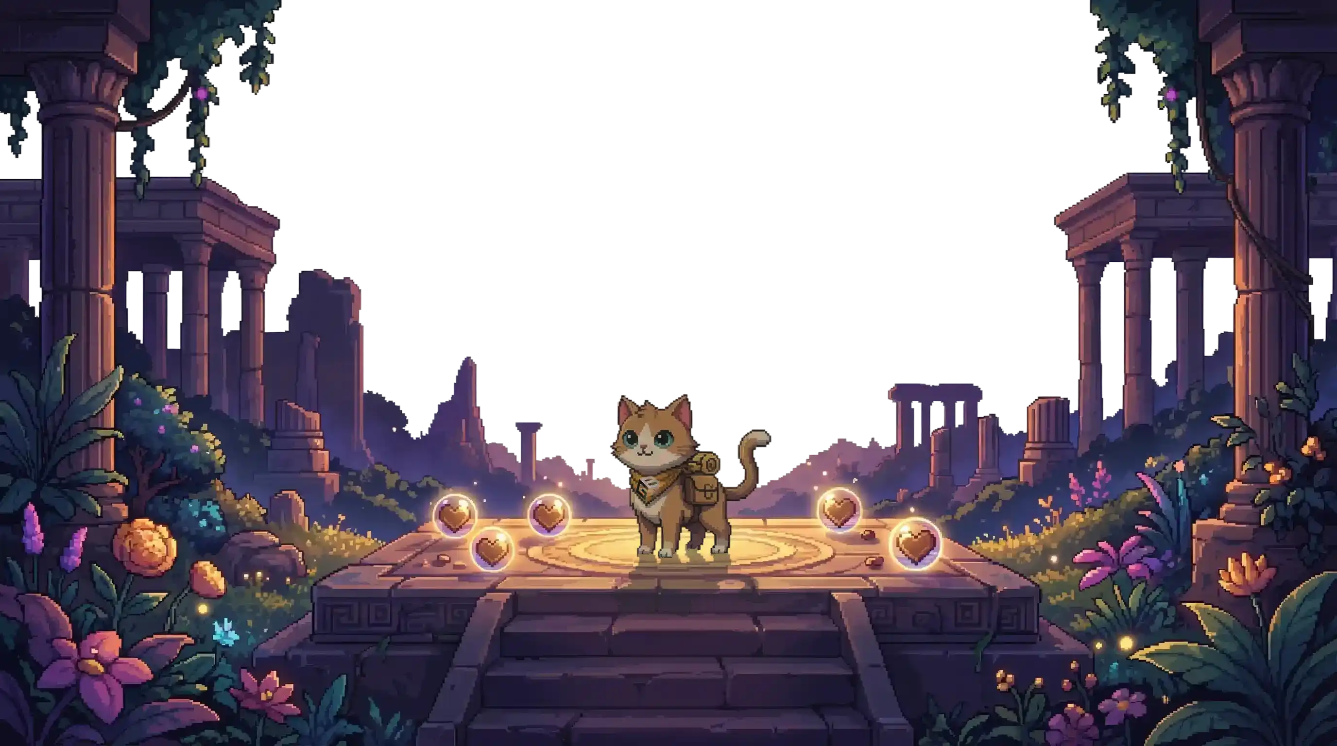 The Token Tails cat standing on a glowing stone platform in pixel-art ruins at dusk